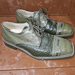 (Size-10) Sio PU Upper Lace Up Shiny Green Faux Crocodile Dress Shoes